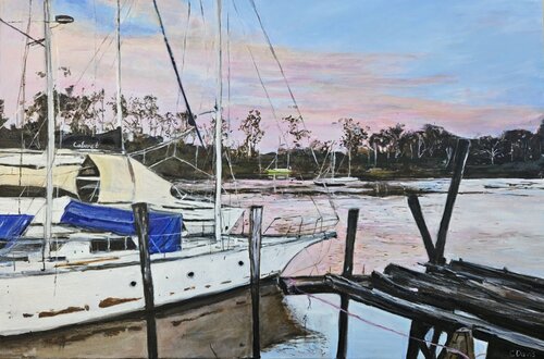 oil painting of a marina and boat