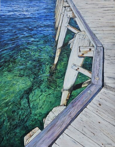 oil painting of a jetty and blue green water