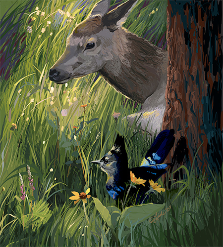 digital painting of a deer and bird in forest