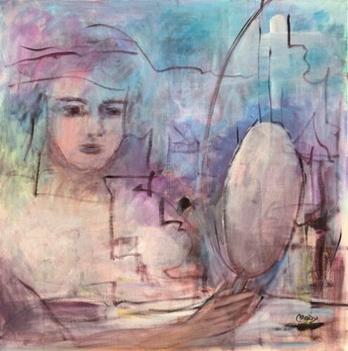 semi-abstract painting of a girl looking in the mirror