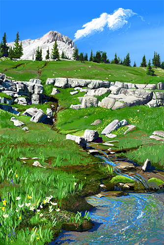 digital painting of a mountainside meadow