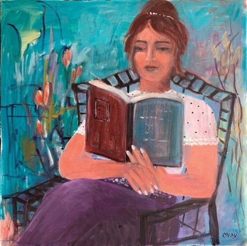 whimsical painting of a young woman reading