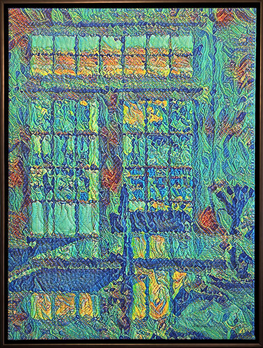 quilted mixed media fiber art of the interior of a building