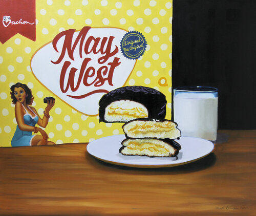 Oil painting hyperrealism of a box of cookies