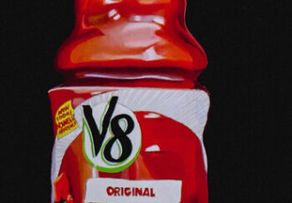 hyperrealistic painting of a bottle of V8 juice