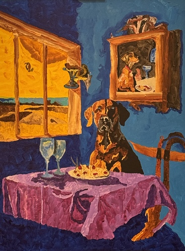 whimsical painting of a dog at a dinner table