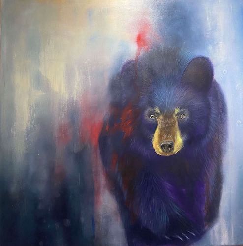 pintura al óleo de un oso en la niebla