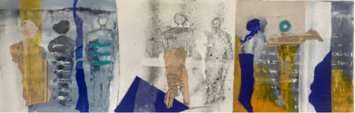 triptych mixed media painting of figures dancing