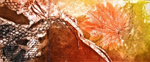 fall leaf themed collagraph art 