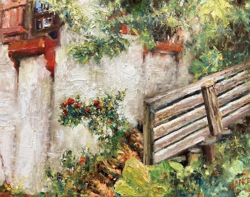 painting of a gate and wall with flowers