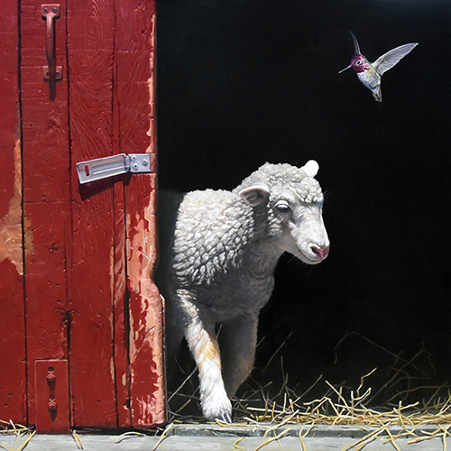 oil painting of a lamb and a hummingbird