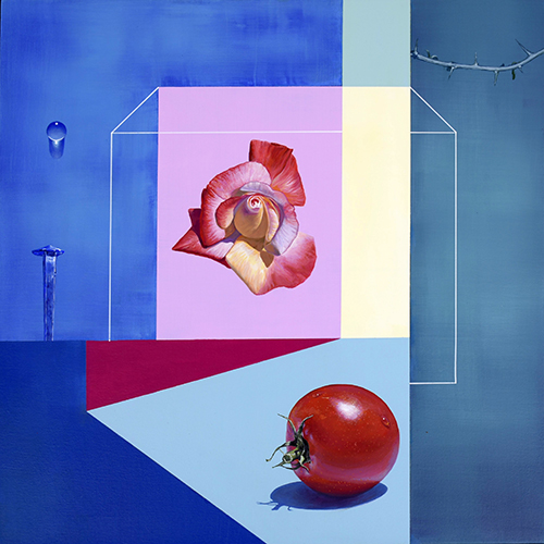 hyperrealistic painting of a tomato and flower on background