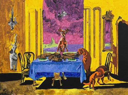 painting of dogs at a meal by a Marine veteran