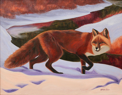 oil painting of a red fox in the snow