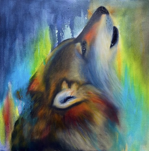 colorful oil painting of a wolf