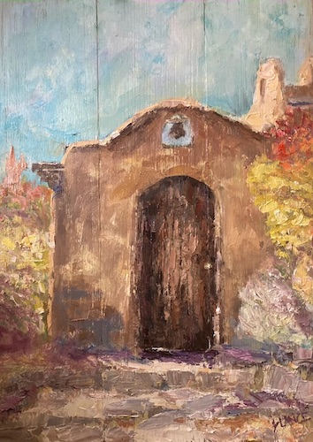 plein air painting of a southwest mission