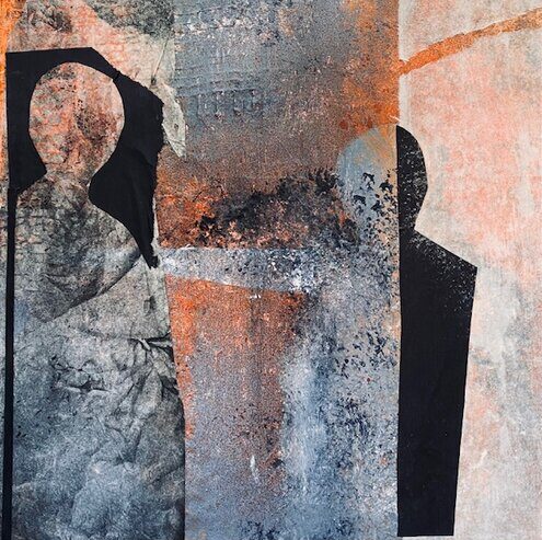 mixed media painting of figures in conversation