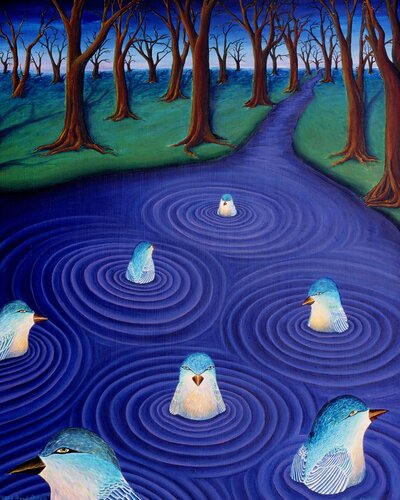 dreamlike painting of birds swimming