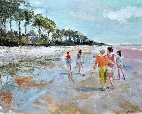 pintura al óleo de niños caminando por la playa