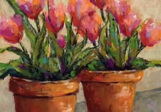 pastel painting of two pots of tulips