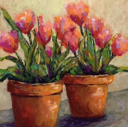 pastel painting of two pots of tulips