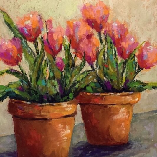 pastel painting of two pots of tulips