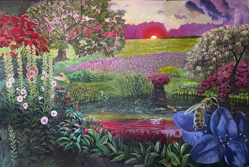 painting of a colorful garden pond