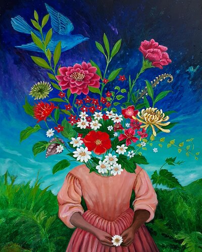 mixed media painting of the body of a woman and flowers