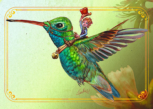 fantasy illusration of a boy riding a bird