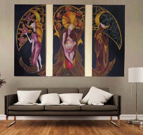 Batik triptych painting of three faces of the Goddess of Love