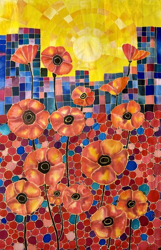 batik painting of poppies in a field