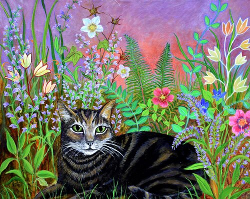 painting of a cat in a garden