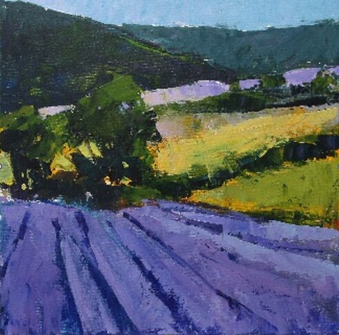 landscape painting of a field of lavender