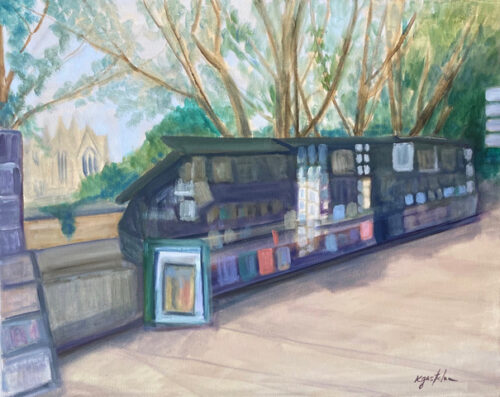 oil painting of a bookseller stall on a walking path