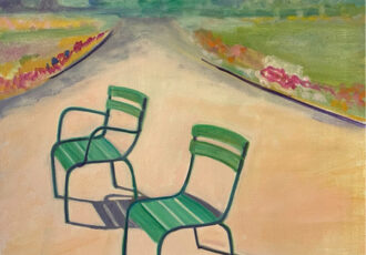 oil painting of two green chairs