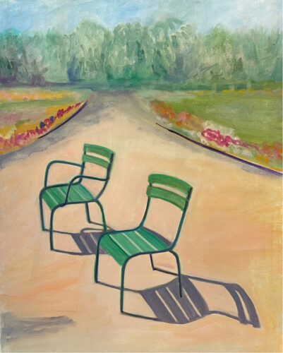 oil painting of two green chairs 