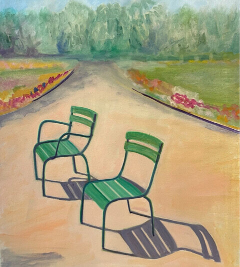 oil painting of two green chairs