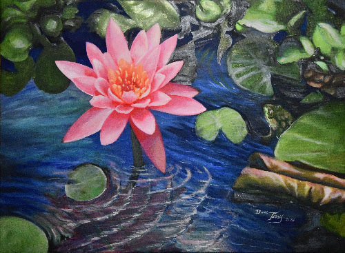 painting of a lily pond with a frog