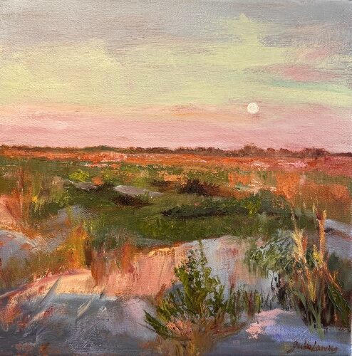 oil painting of a low country landscape with moon