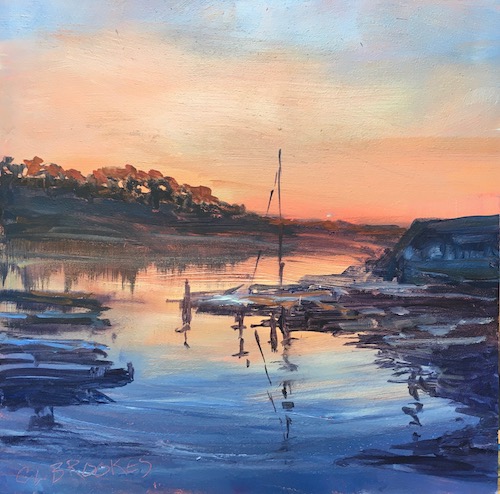 plein air oil painting sunset over marina