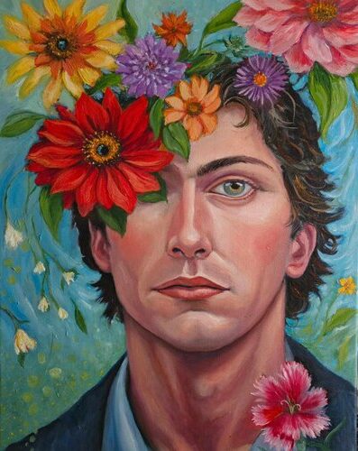 retrato de un joven y flores