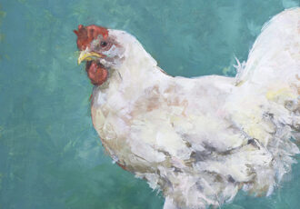 oil painting of a chicken by artist Deb Kirkeeide