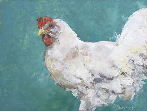 oil painting of a chicken by artist Deb Kirkeeide