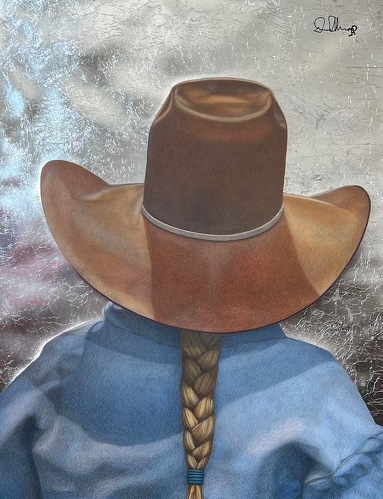 mixed media drawing of a woman in a cowboy hat