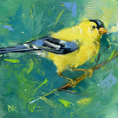 charming oil painting of a yellow bird