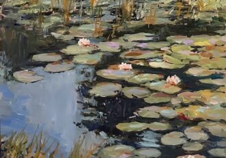 plein air oil painting of a lilypond