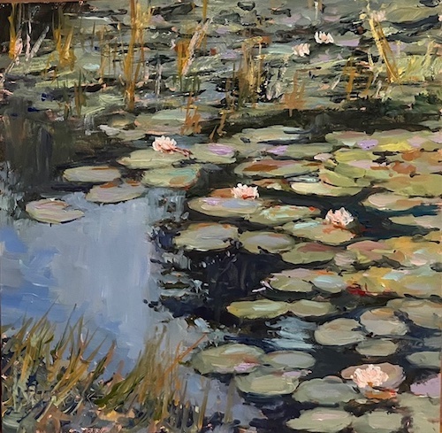 plein air oil painting of a lilypond