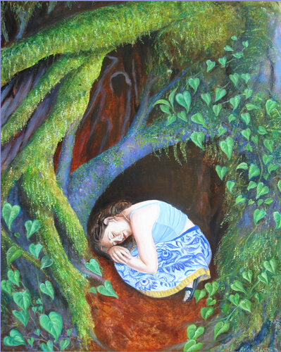 oil painting of a young woman sleeping beneath a tree