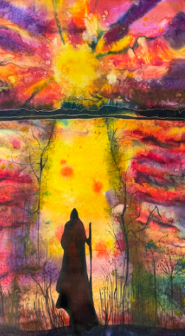 batik painting of a brilliant sunrise with figure walking