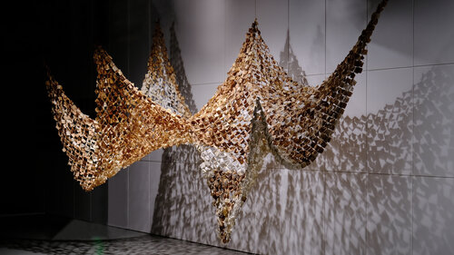 hanging art sculpture created with tea bags